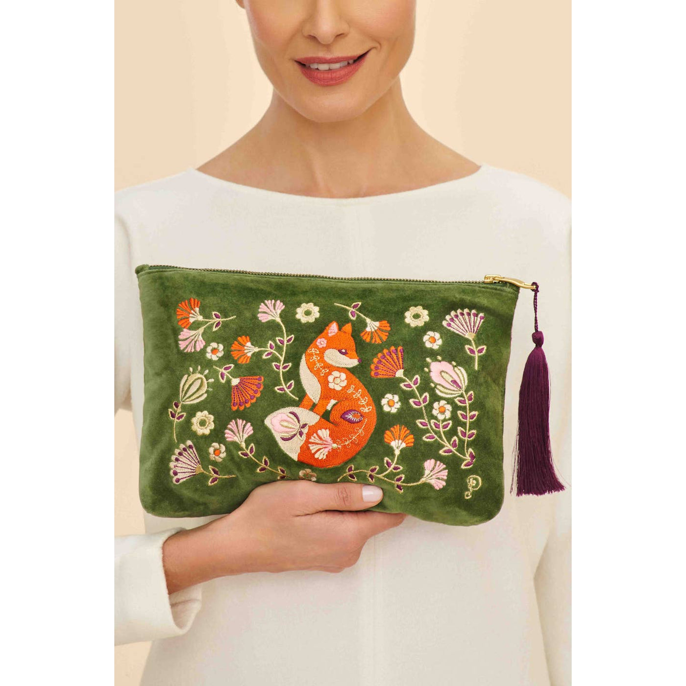 Scandinavian Fox Velvet Embroidered Zip Pouch