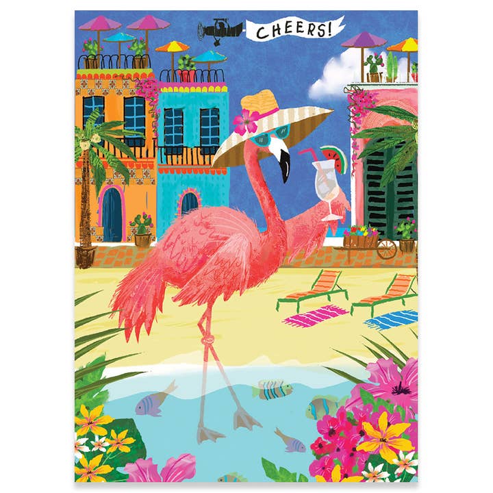 Flamingo On Beach Birthday Card - Just Fabulous Palm Springs