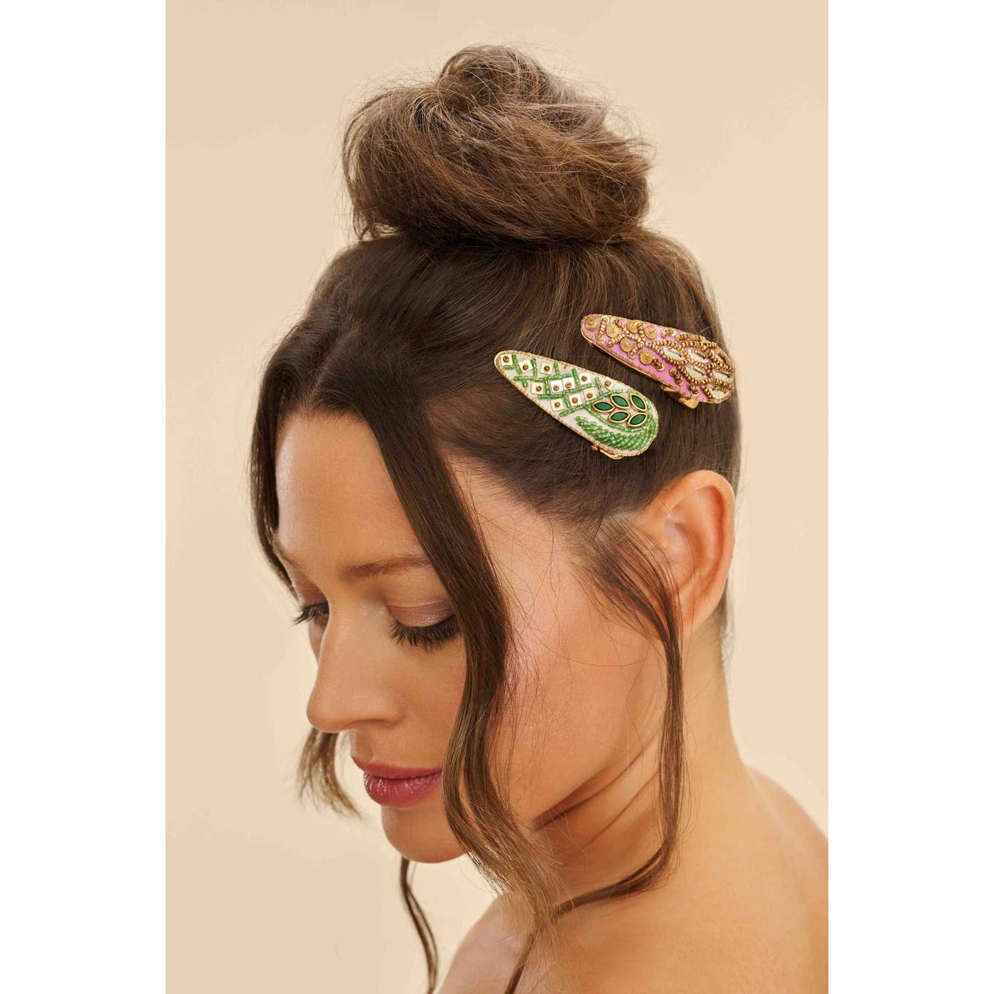 Asymmetric Leaf And Feather Beaded Hair Clips