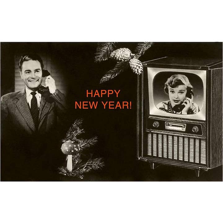 Happy New Year Woman On Phone Man On TV Holiday Greeting Card