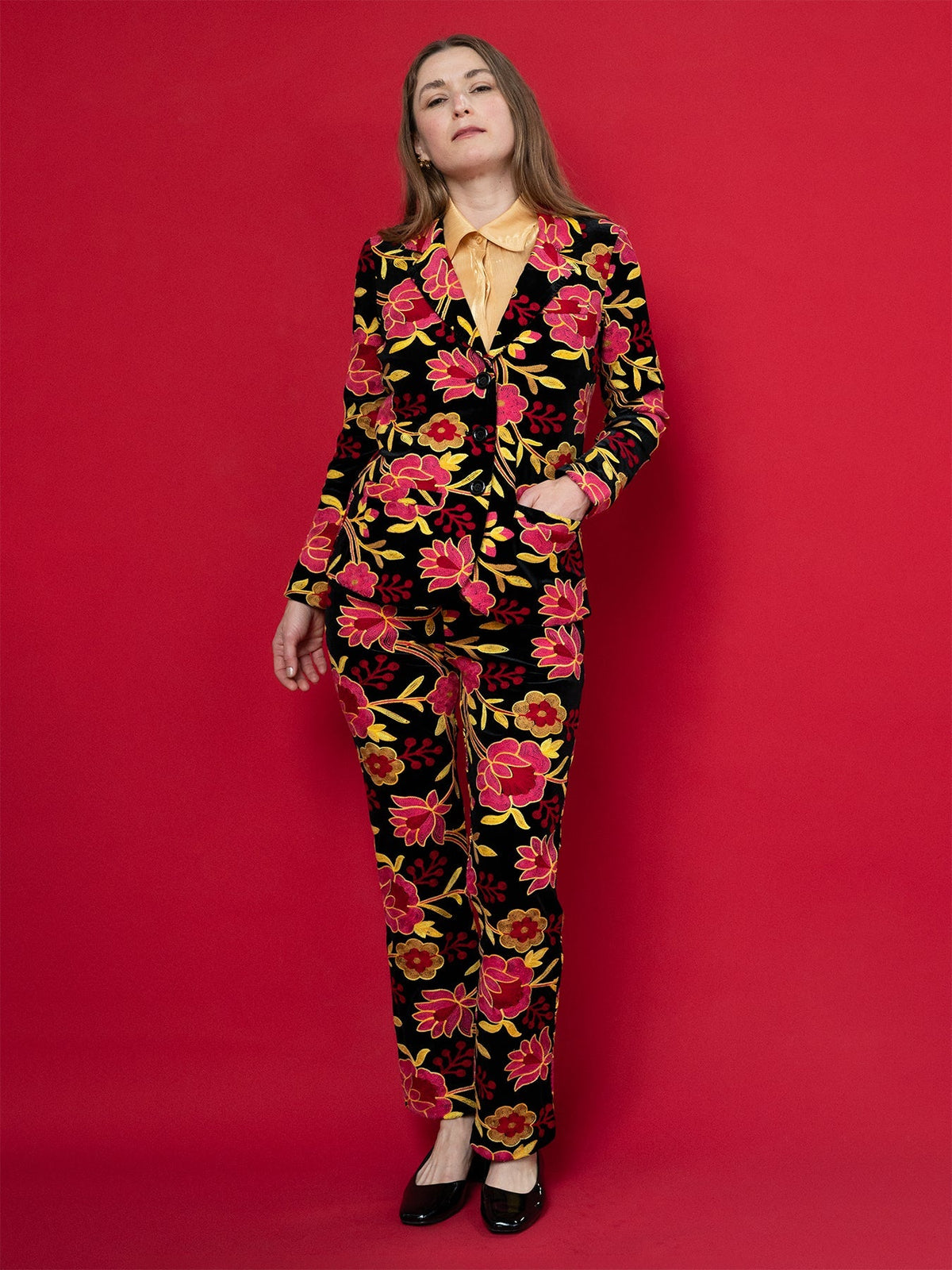 Audrey Pant Embroidered Velvet Pink