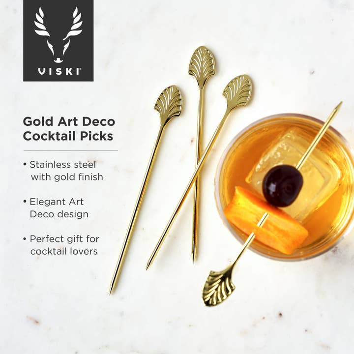 Art Deco Reusable Gold-Plated Cocktail Picks - Set Of 4