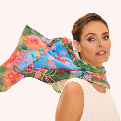 Folky Floral Cotton Scarf - Cornflower