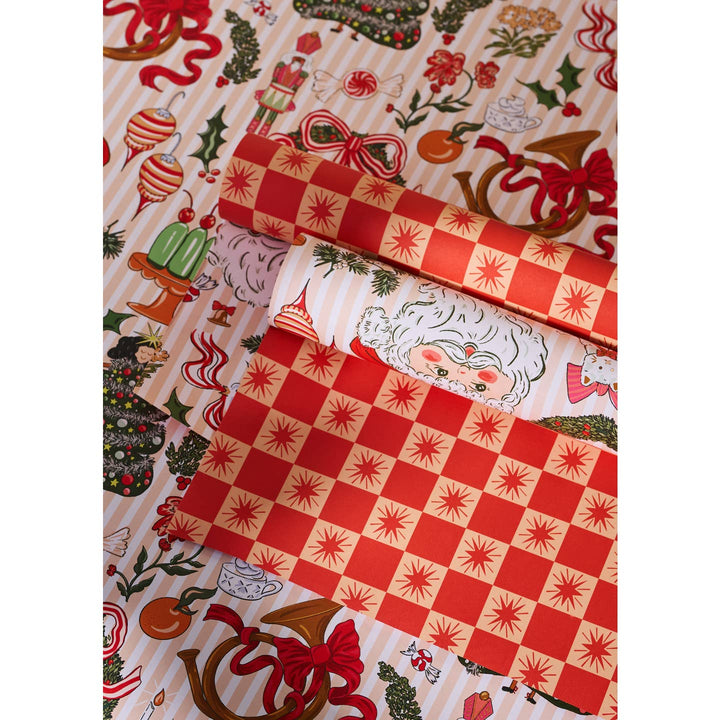 Nostalgic Christmas & Red Star Checked Double Sided Wrapping Paper