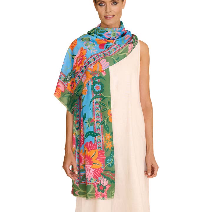 Folky Floral Cotton Scarf - Cornflower