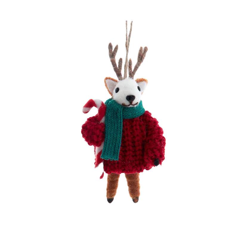 Deer With Scarf Ornament - Candy Cane