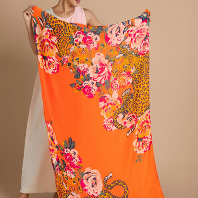Climbing Leopard In Tangerine Scarf
