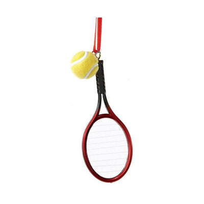 Red plastic tennis racket ornament with a yellow ball on a white background