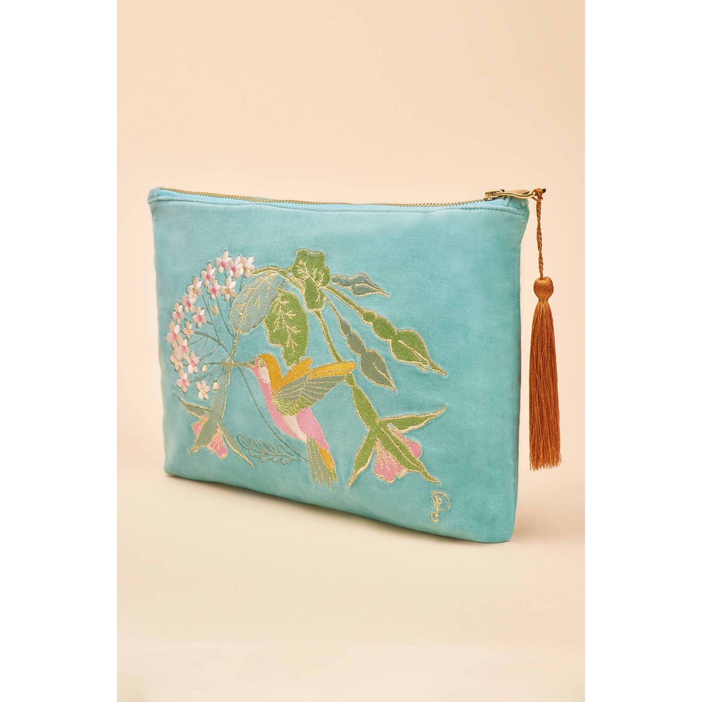 Hummingbird Velvet Embroidered Zip Pouch