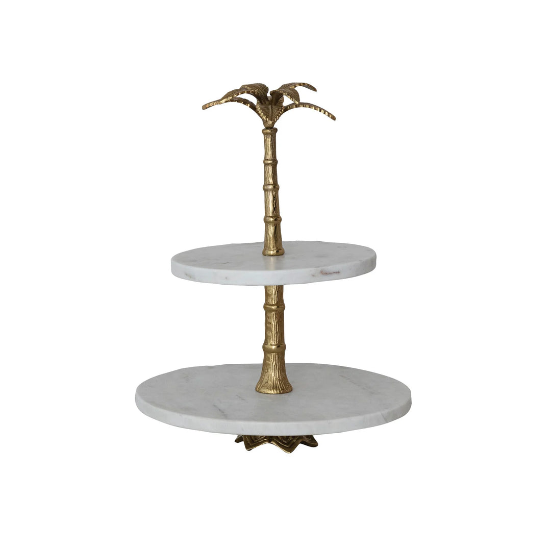Marble 2 Tier Tray With Palm Tree Shaped Handle