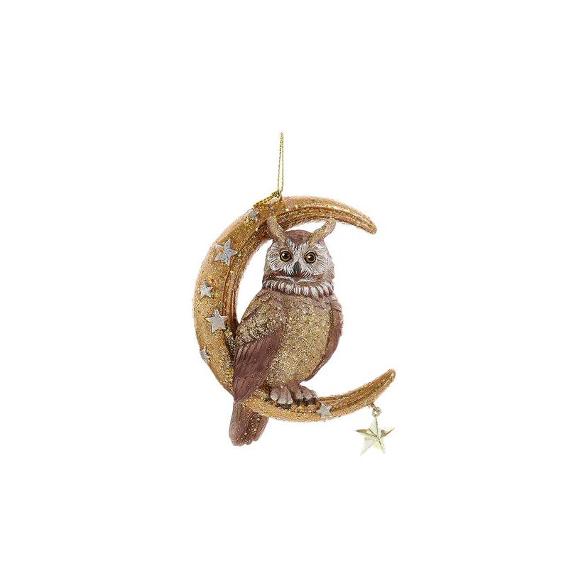 Owl On Moon Ornament - Gold