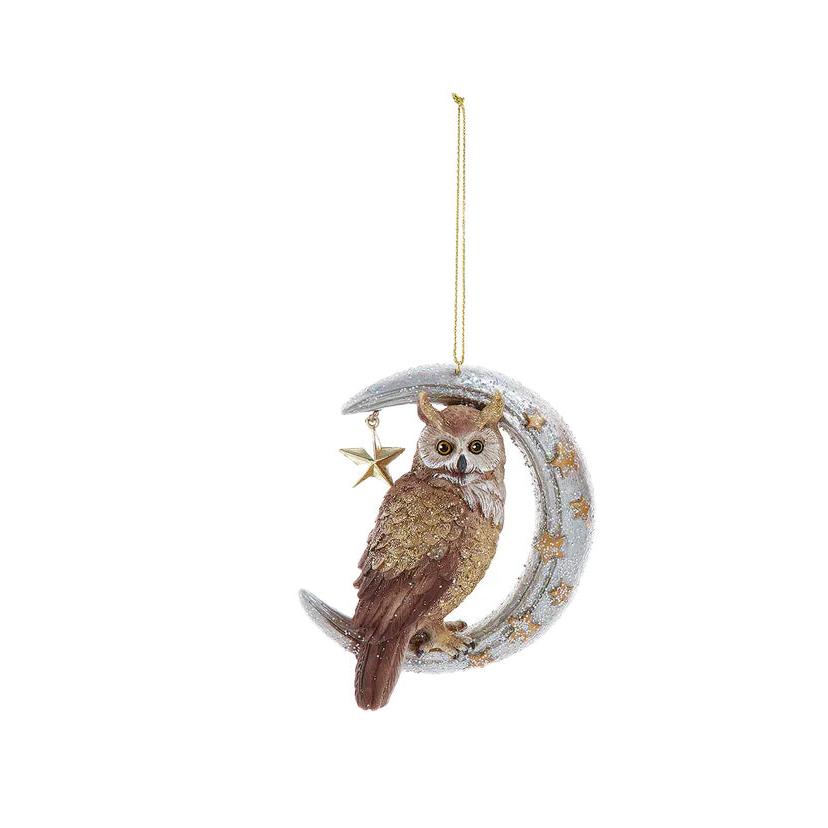 Owl On Moon Ornament - Silver