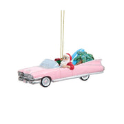 Santa In Pink Cadillac Ornament