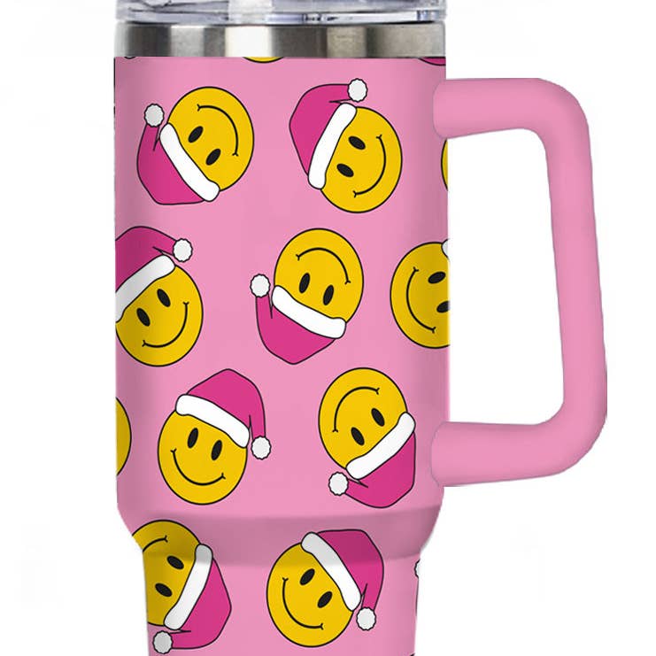 Pastel Happy Face Tumbler Cup with Handle and Straw