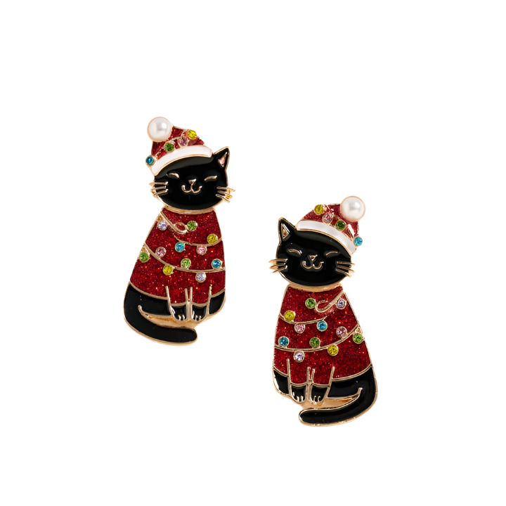Glitter Cat Christmas Earrings
