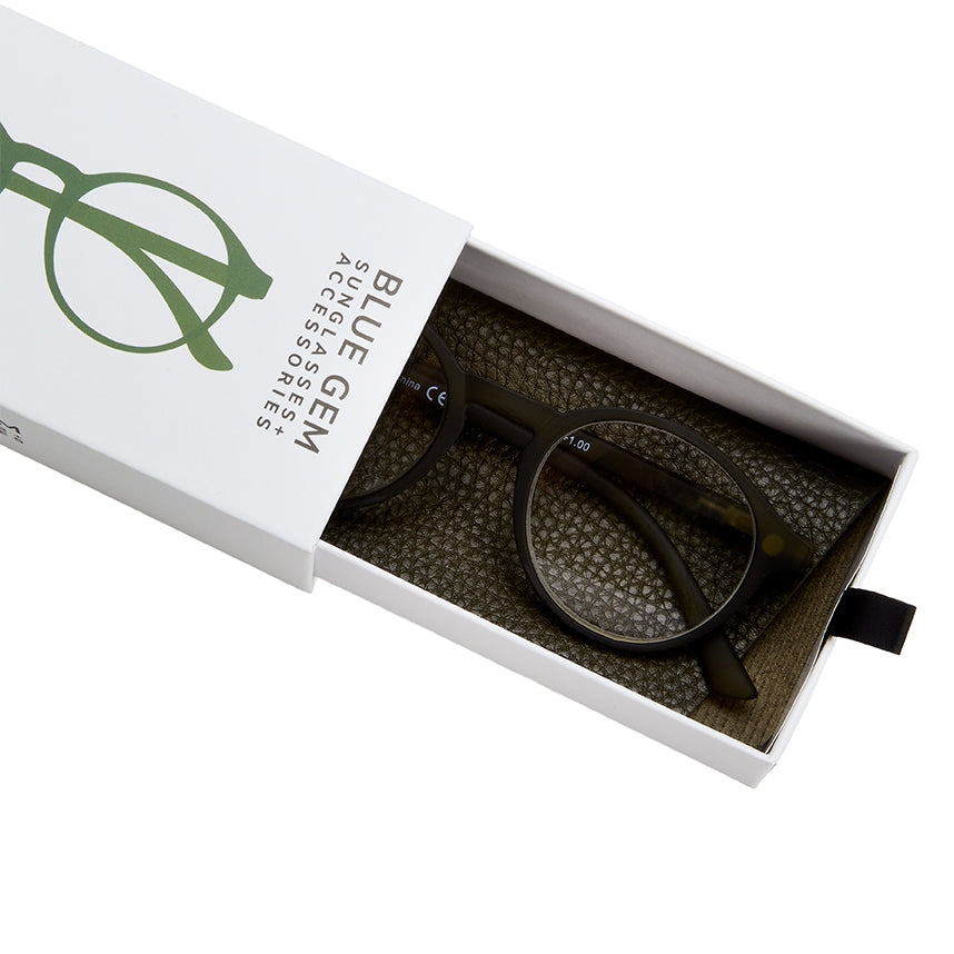 Soft Round Reading Glasses With Case - Olive Green