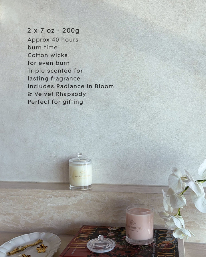 Glasshouse Fragrances Soy Candle Duo (2x200g Radiance In Bloom & Velvet Rhapsody)