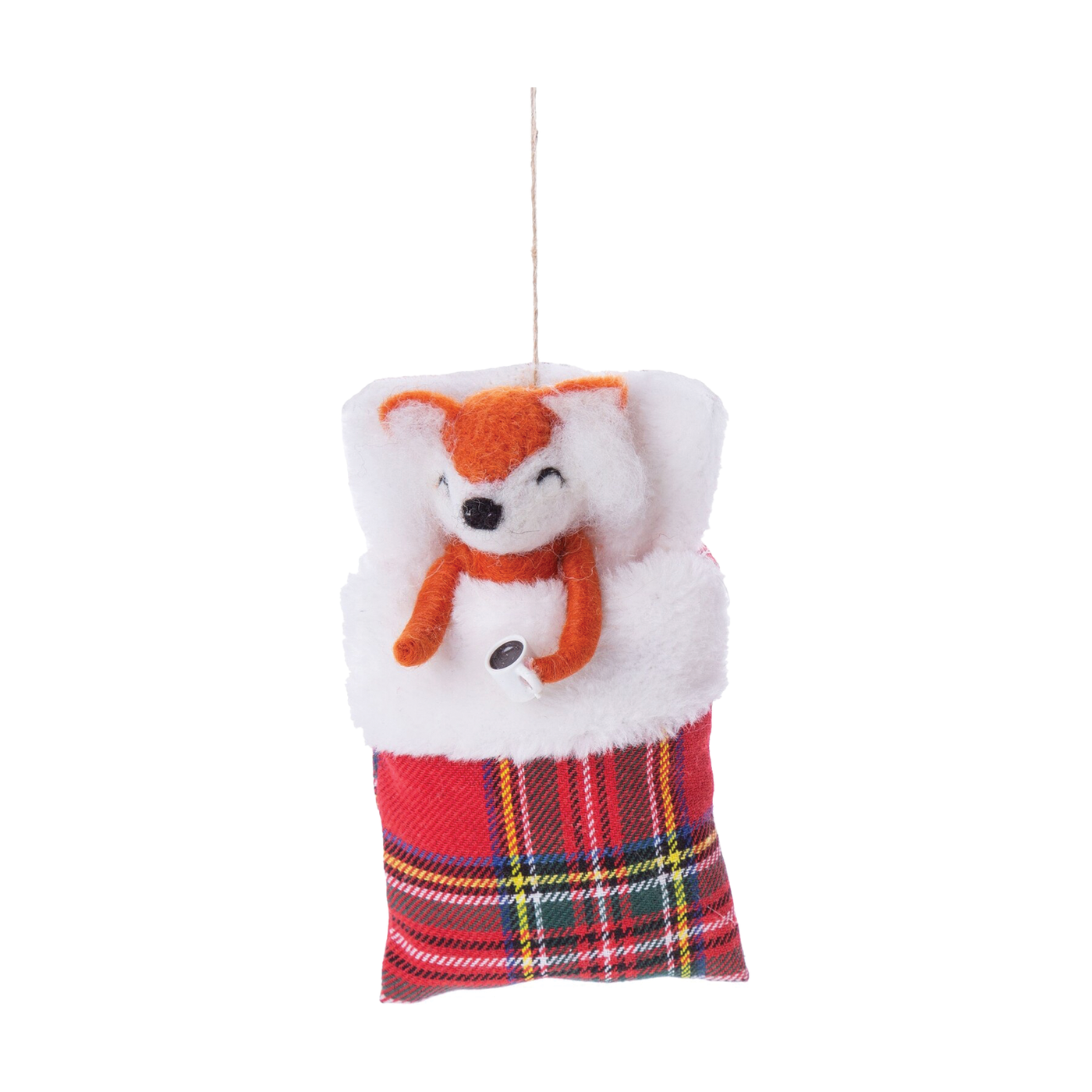 Felt Fox In Plaid Sleeping Bag Ornament - Holding Cup Of Coco