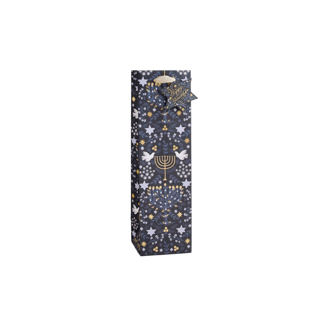 A navy gift bag with gold stars and menorah design, complete with metallic cotton ribbon handles and a 'To' and 'From' tag.