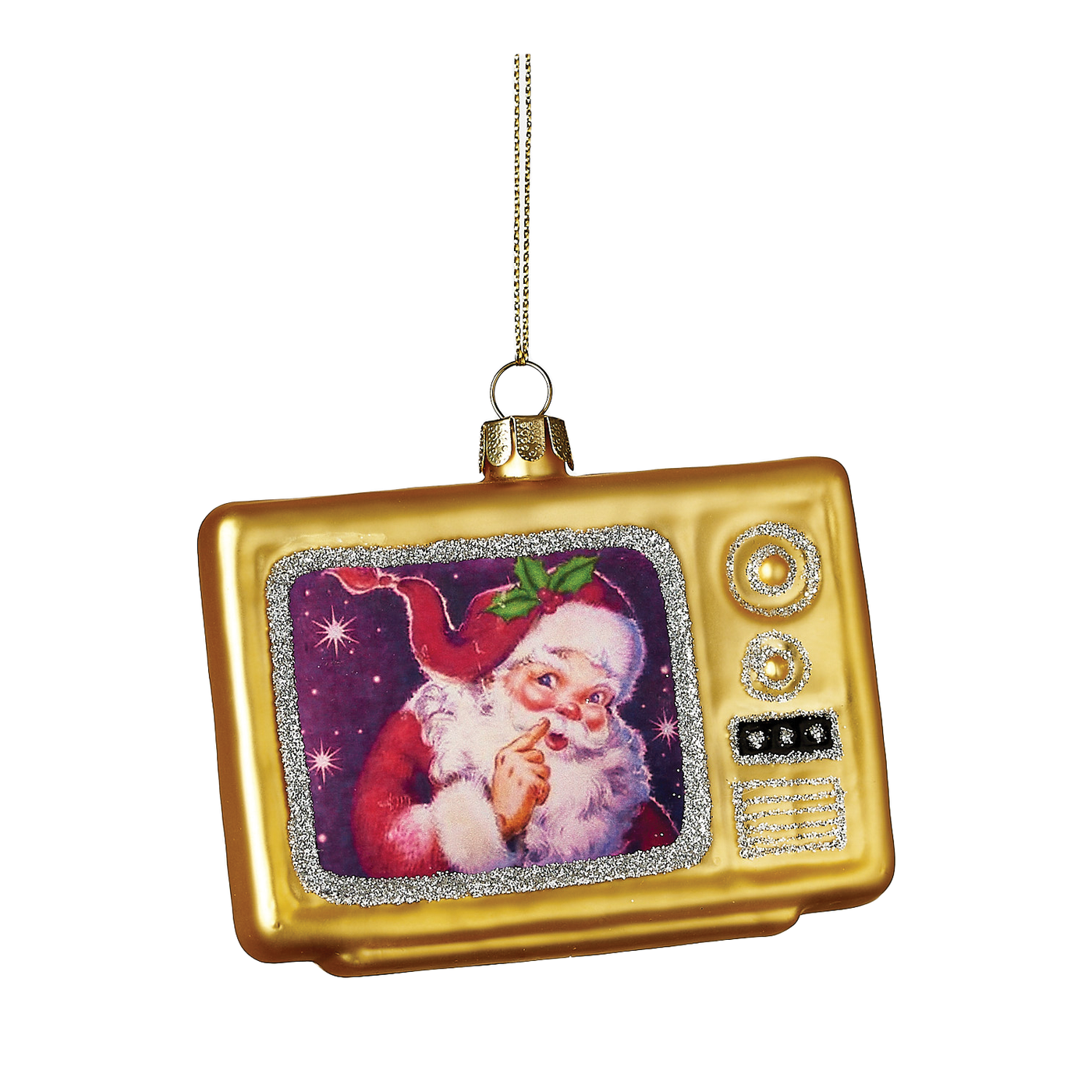 Santa TV Glass Ornament - Gold