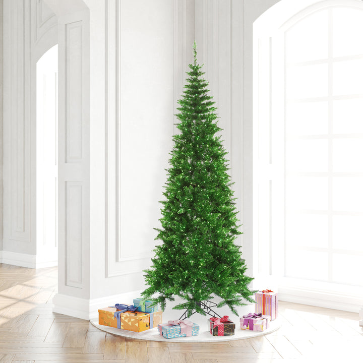 Green Tinsel Slim Fir Tree - 7.5' x 40" Pre-Lit with 500 Green Mini Lights