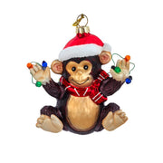 Monkey With Miniature Light Strand Glass Ornament