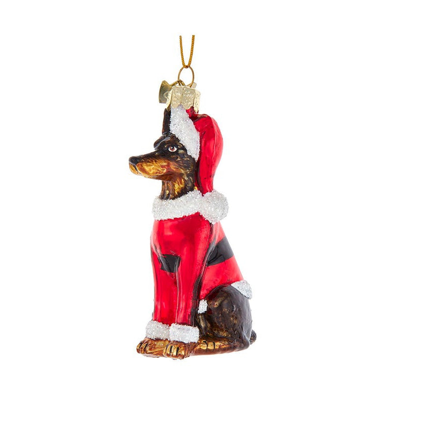 Doberman With Santa Suit Glass Ornament