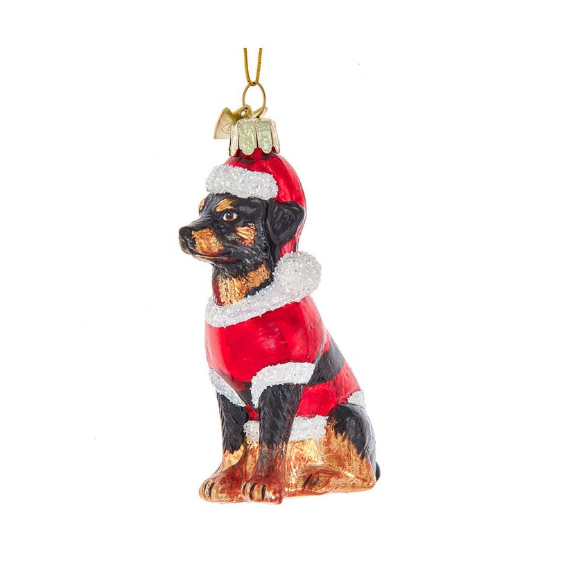 Rottweiler With Santa Suit Glass Ornament