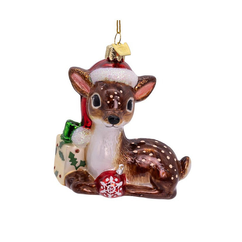 Reindeer With Santa Hat & Gift Box Ornament