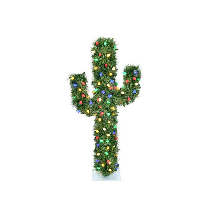 Green Cactus Christmas Tree - 4' Pre-Lit With Multicolor C7 LED Lights