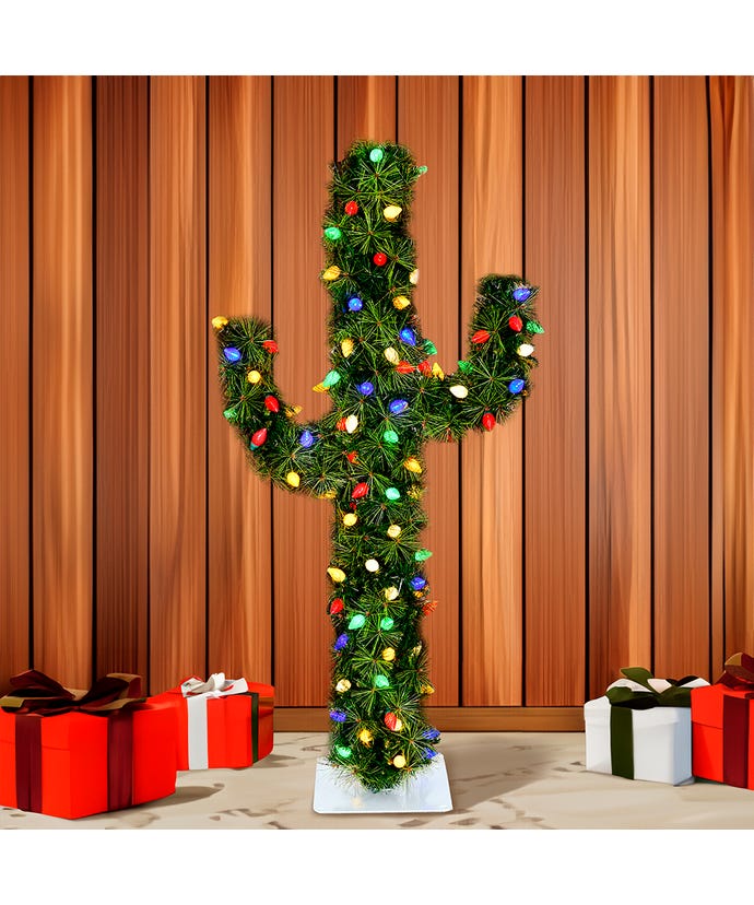 Green Cactus Christmas Tree - 4' Pre-Lit With Multicolor C7 LED Lights