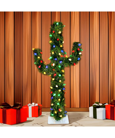 Green Cactus Christmas Tree -4' Pre-Lit With Multicolor C7 LED Lights