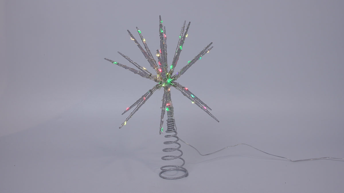 Load video: RGB LED Silver Glitter Starburst Tree Topper