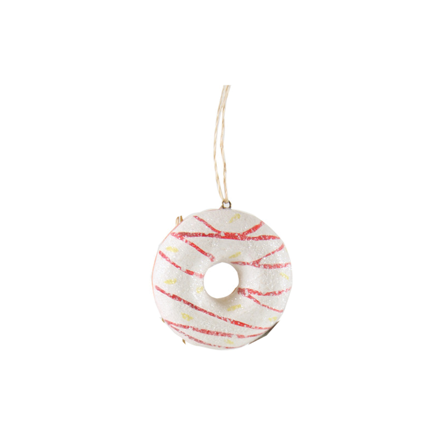 Tiny Donut Ornament - White With Pink Stripes