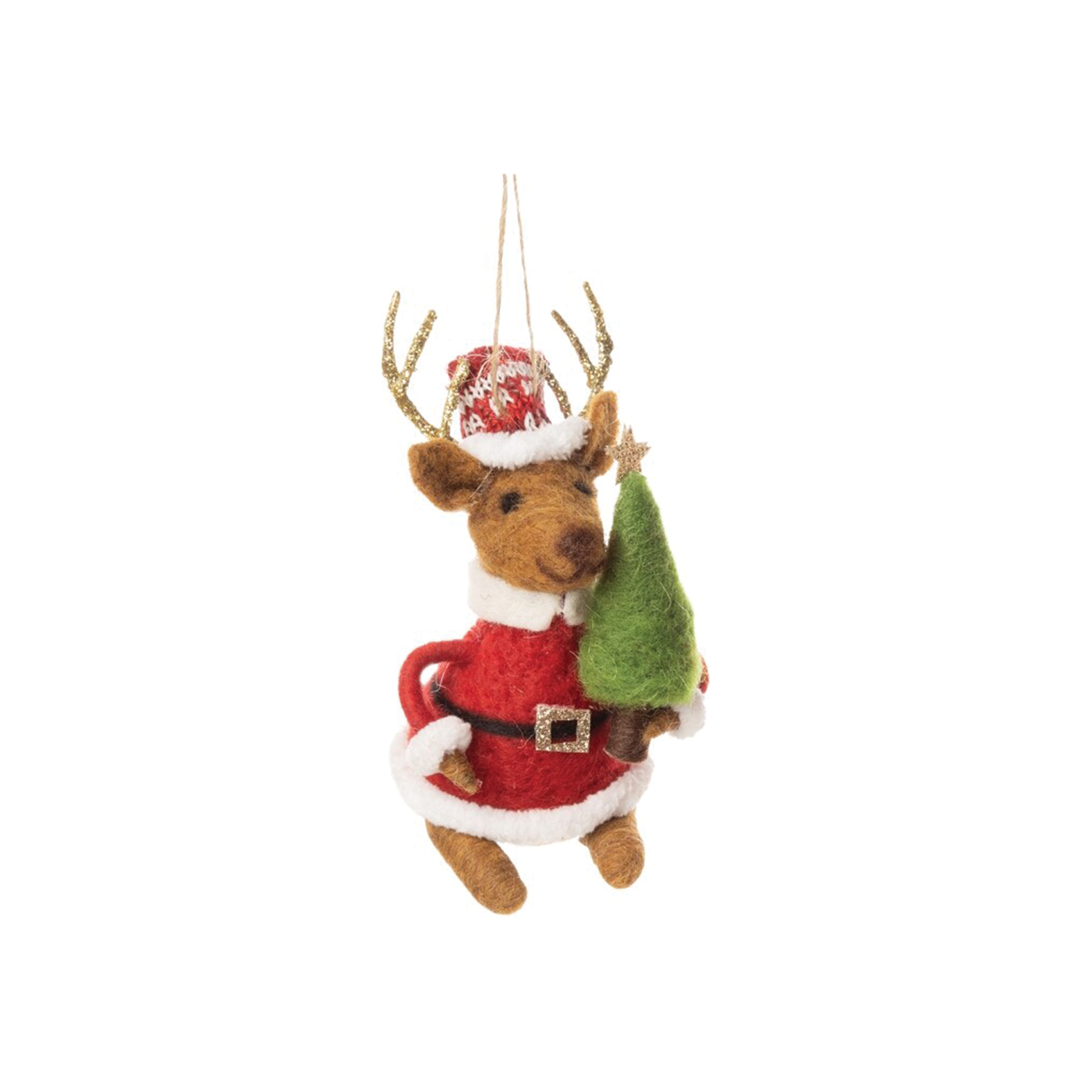 Reindeer In Santa Outfits Felt Ornament - With Tree