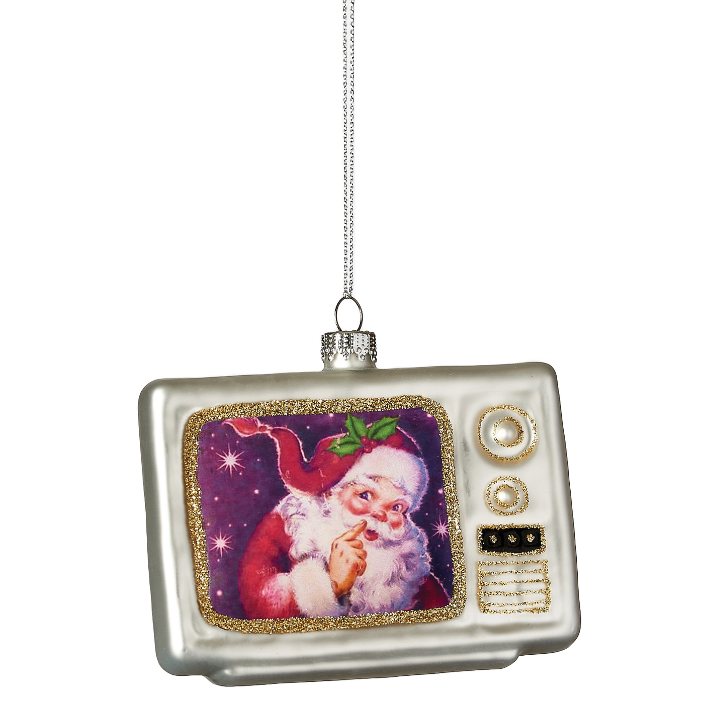 Santa TV Glass Ornament - Silver