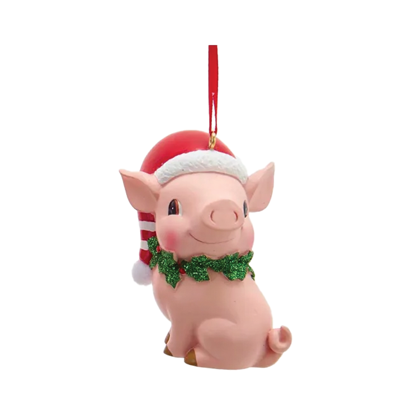 Pink Pig With Santa Hat Ornament - Sitting