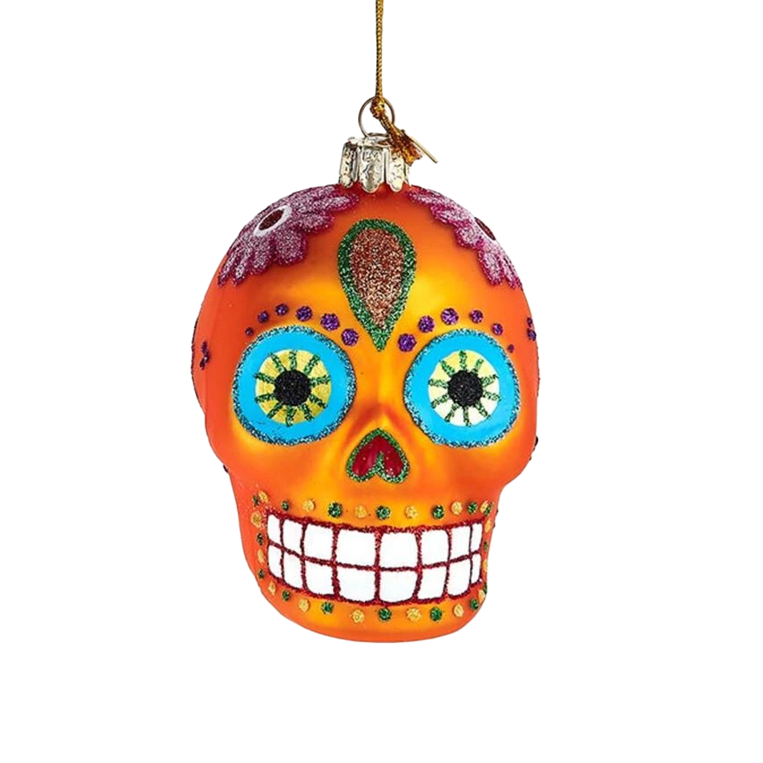 Glass Sugar Skull Ornament - Orange