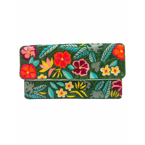 Tropical Floral Green Beaded Clutch