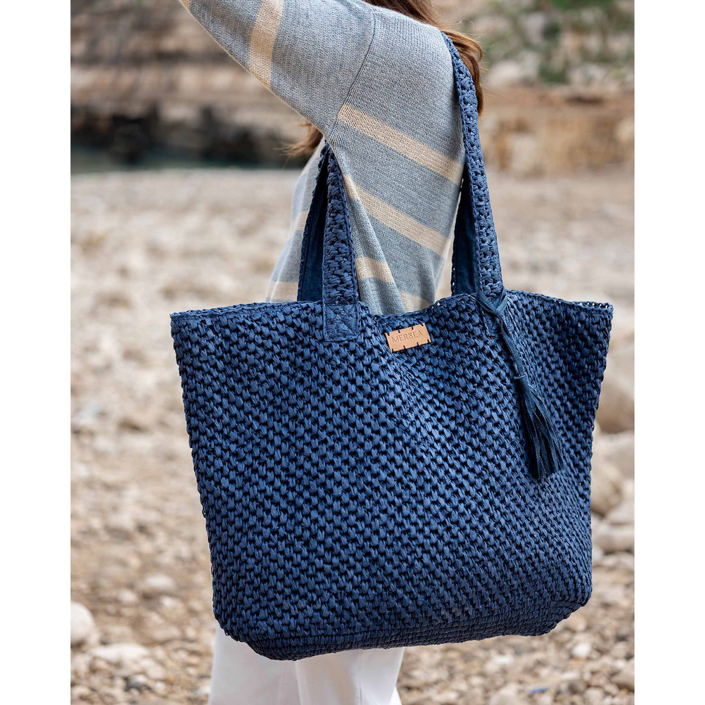 Large Sun Chaser Straw Tote - Navy