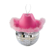 Silver Mirror Ball With Pink Cowboy Hat Ornament