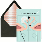 Vintage Flamingo Just Married Retro Wedding Card