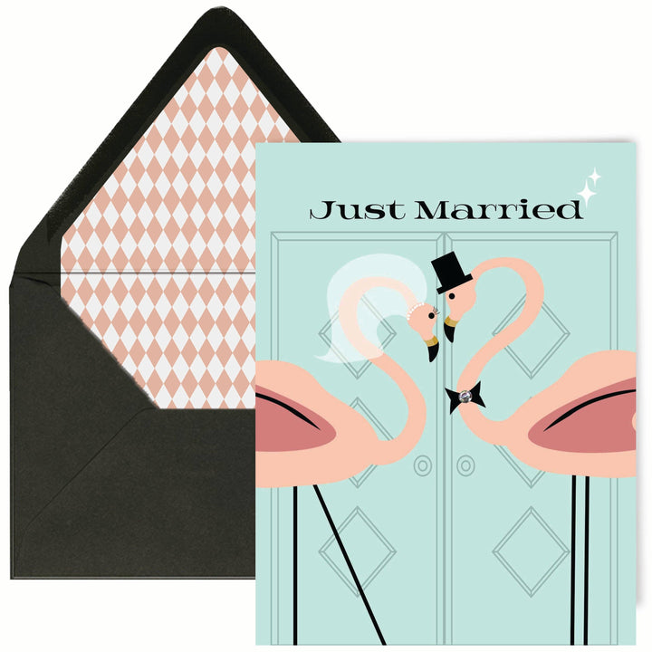 Vintage Flamingo Just Married Retro Wedding Card
