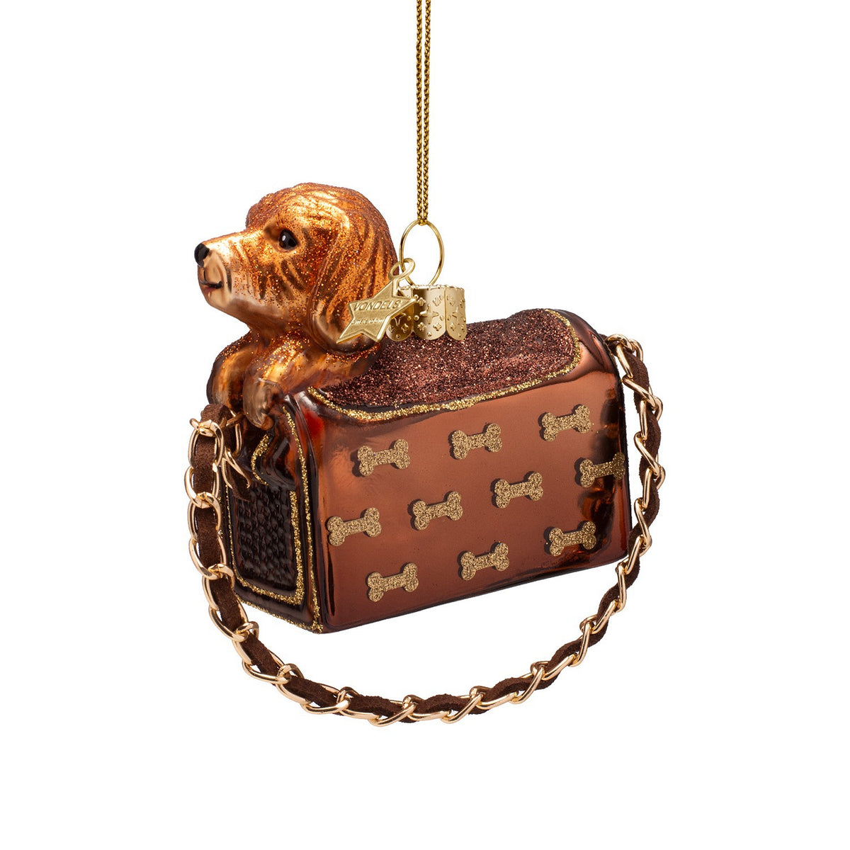 Dog In Bag With Glitter Bones Glass Ornament
