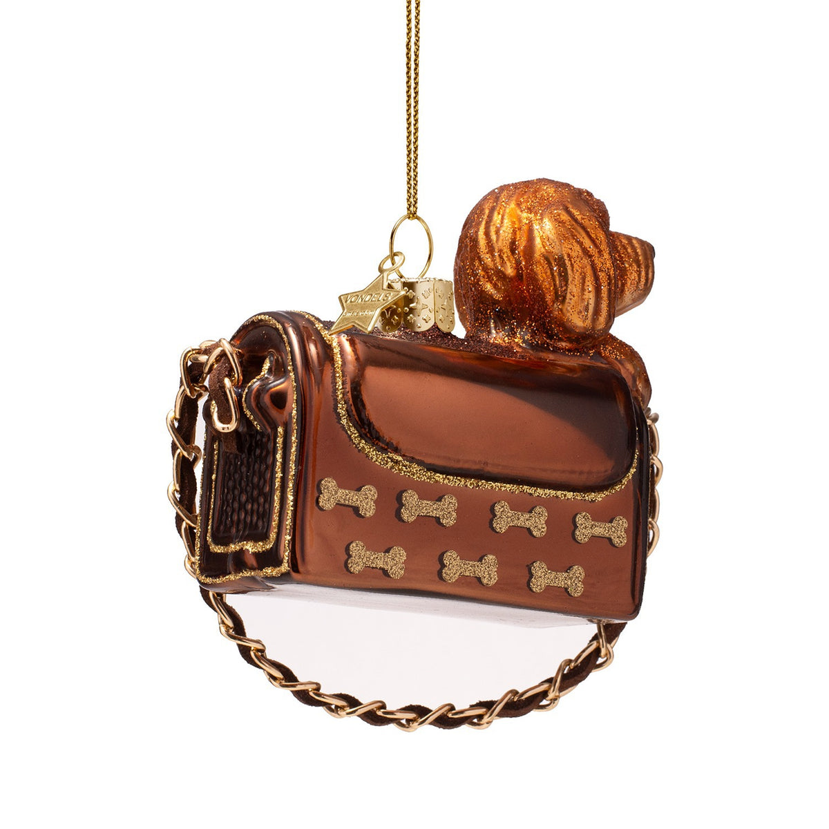 Dog In Bag With Glitter Bones Glass Ornament
