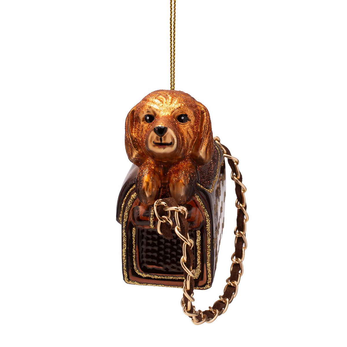 Dog In Bag With Glitter Bones Glass Ornament