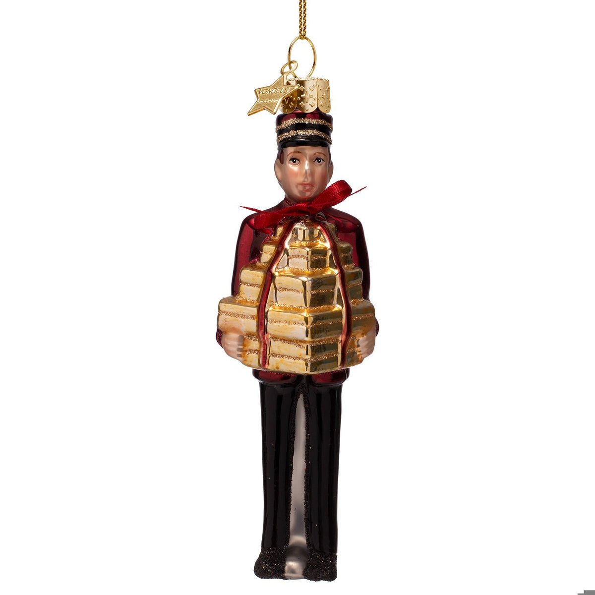 Bellboy With Burgundy Gifts Glass Ornament