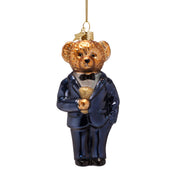 Chic Bear In Blue Suit Glass Ornament