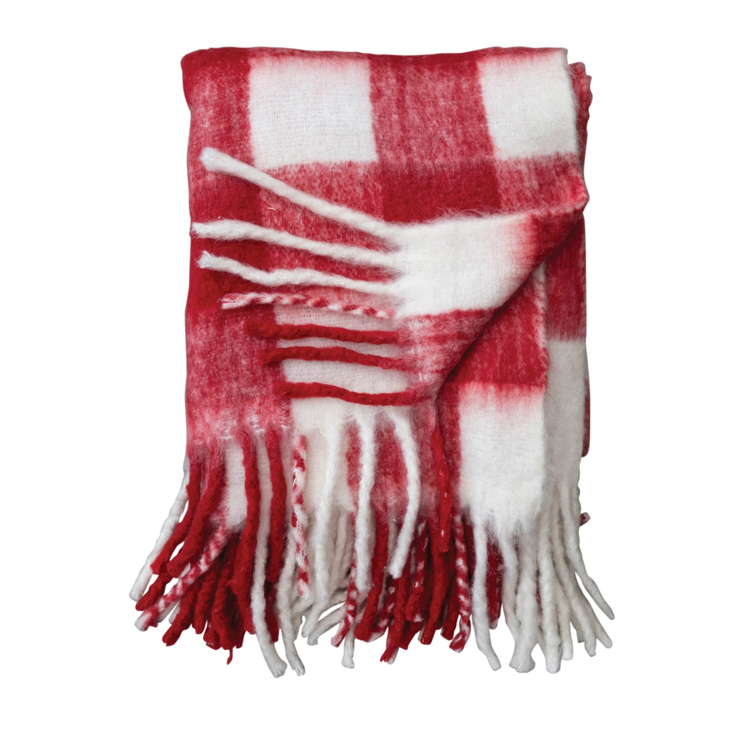 Woven Acrylic Throw With Fringe - Red & White Plaid