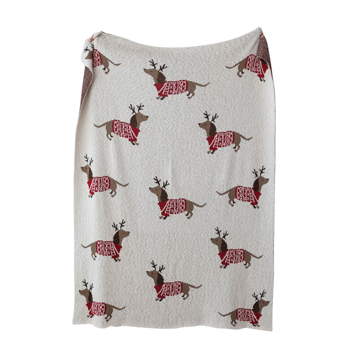 Cotton Knit Throw with Daschunds in Antlers & Sweaters, Natural, Red & Brown